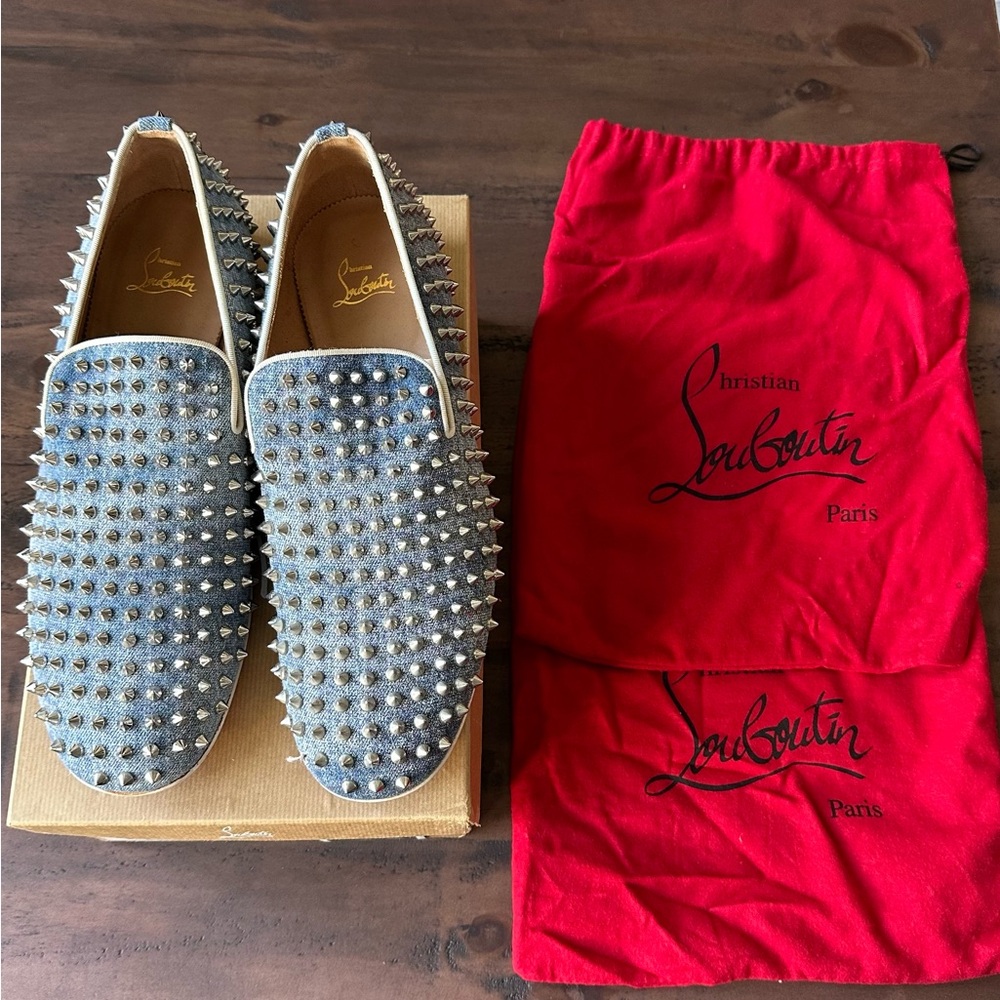 Christian Louboutin Rollerboy Spikes Denim Slip-On Shoes